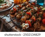 Souvlaki skewers grilled to perfection served with fresh vegetables and pita bread, professional food photo from an angled view, highlighting the dish