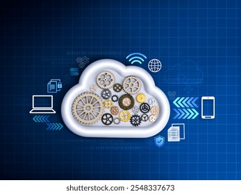 Sovereign cloud, storage connection technology concept. Many gears and cogwheels inside white cloud surrounded with online devices management and secure data information, on blue network background.