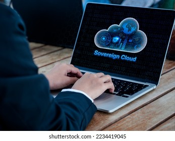 Sovereign cloud technology concept. Global network and solution, management, secure icon on laptop computer screen. Data security, control and access with strict requirements of local laws on privacy.