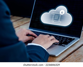 Sovereign cloud technology concept. Laws and regulations with padlock on cloud icons on laptop computer screen. Data security, control and access with strict requirements of local laws on privacy. - Shutterstock ID 2236846329