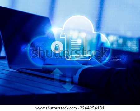 Sovereign cloud technology concept. Laws and regulations with padlock on cloud icons on laptop computer, blue tone. Data security, control and access with strict requirements of local laws on privacy.