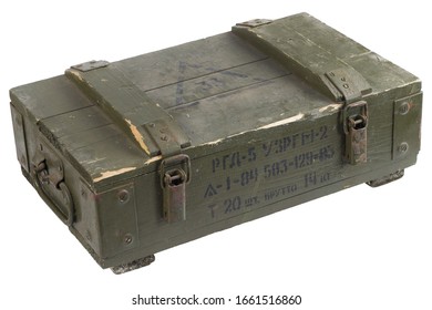 Soviet army ammunition box isolated on white background. Text in russian - type of ammunition (RGD 5 UZRGM - hand grenade), lot number and production date, number of pieces and weight