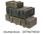Soviet army ammunition stack of green crates. Text in russian - type of ammunition, projectile caliber, projectile type, number of pieces and weight. Isolated on white background.