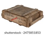 Soviet army crate for 12.7mm ammunition. Text in russian - type of ammunition, projectile caliber, projectile type. Isolated on white background.