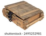 Soviet army crate for 14.5mm ammunition with ammo belt. Text in russian - "sealed packaging" and type of ammunition, projectile caliber, projectile type. Isolated on white background.