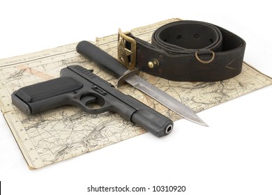 Soviet Army Scouts Ammunition. Composition With Hand Gun TT (model 1943), Standard Army Scouts Knife, Soviet Officer Belt And Old Army Map. Period Of The Second World War