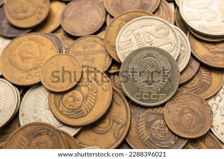 Soviet coins close up. USSR coins, top view. Old coins for numismatics. Historical heritage. Background or backdrop