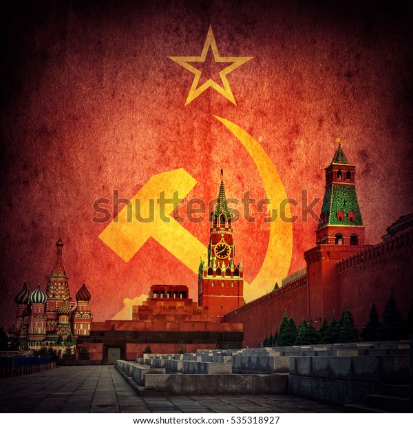ソビエト共産主義の背景 ソ連国旗のモスクワ クレムリン レトロな
