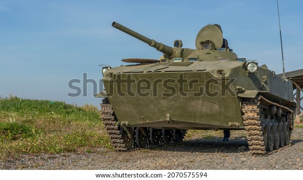 Soviet infantry\
fighting vehicle BMP. amphibious tracked infantry fighting vehicle.\
Historic millitary\
concept.
