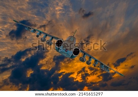 Soviet jet fighter SU-25 in dramatic sunset sky. Military strike aircraft of World war time. Frogfoot - NATO codification