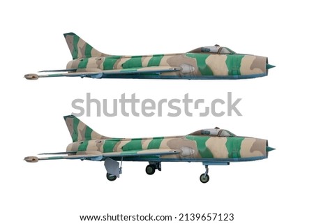 Soviet jet fighter SU7B isolated on white background. Military strike aircraft of World war time. Fitter - NATO codification