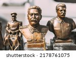 Soviet Leader Josef Stalin. Concept Of Nostalgia For Soviet Union. Miniature Bronze Figurines Of Joseph Stalin.