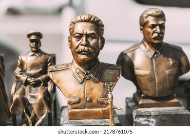 Soviet Leader Josef Stalin. Concept Of Nostalgia For Soviet Union. Miniature Bronze Figurines Of Joseph Stalin.