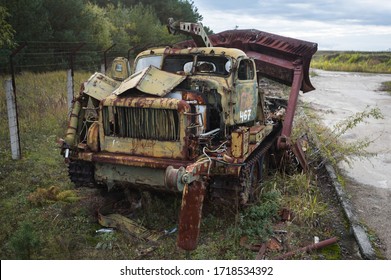 Soviet Military Engineering Vehicle, Buryakovka Radioactive Graveyard In Chernobyl, Autumn Season In Exclusion Zone, Ukraine