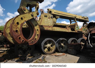 Soviet Military Engineering Vehicle, Buryakovka Radioactive Graveyard In Chernobyl, Spring Summer In Exclusion Zone, Ukraine