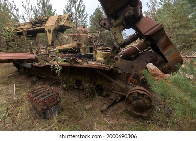 Soviet Military Engineering Vehicle, Buryakovka Radioactive Vehicles Graveyard In Chernobyl, Autumn Season In Exclusion Zone, Ukraine