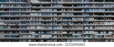 Soviet Moscow Ghetto Dormitory Residential Building Group Facade. Sleeping Quarters Old Apartments. Front View.