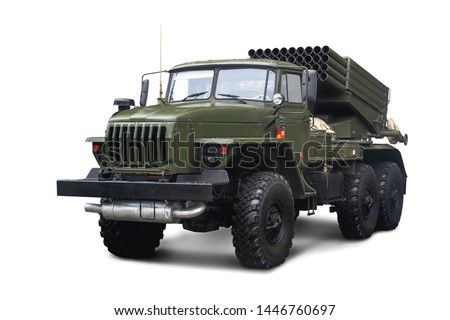 Soviet Multiple Rocket Launcher BM-21 Grad 122 mm mounted on chassis of truck Ural-375D. Isolated on white background