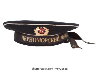 Soviet Navy Peakless Cap Isolated On A White Background. Label - The Black Sea Fleet.