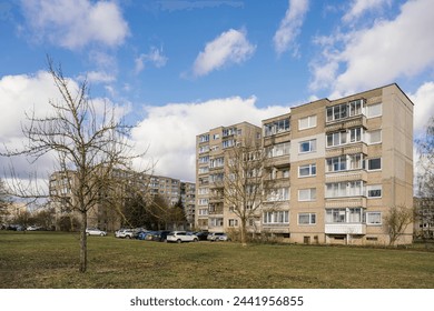 Soviet panel buildings built in late 1980s in USSR. Soviet architecture sleeping apartments with windows and balconies in Justiniskes disctric, Vilnius