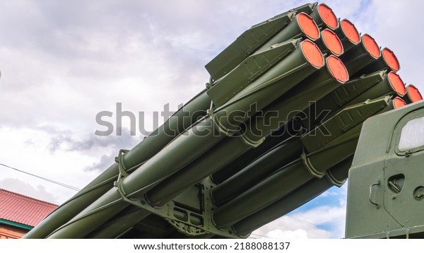 Soviet and Russian multiple rocket launchers.\
Field jet system. A launcher for multiple launch rocket systems.\
Weapons with increased firepower. Multi-shot launcher. Military\
transport.