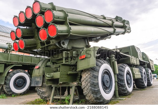 Soviet and Russian multiple rocket launchers.\
Field jet system. A launcher for multiple launch rocket systems.\
Weapons with increased firepower. Multi-shot launcher. Military\
transport.