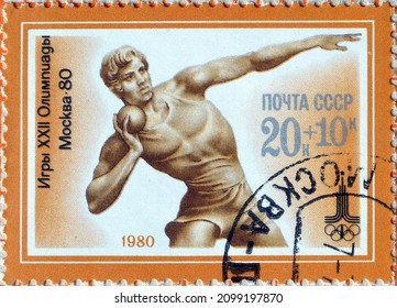 Soviet Union - Circa 1980 : Cancelled Postage Stamp Printed By Soviet Union, That Shows Shot Put, Summer Olympics 1980 - Moscow, Circa 1980.