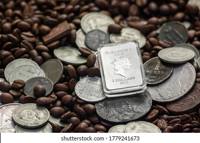 Soviet Union Coins Fall On Coffee Beans. Two Dollars In Silver. Charms And Bark Of The Mamvri Oak. Washingtonia Leaflet. Flatley. Souvenirs On A Dark Background. Brown Background