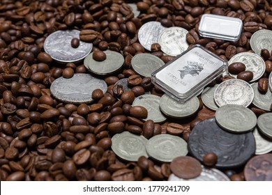 Soviet Union Coins Fall On Coffee Beans. Two Dollars In Silver. Charms And Bark Of The Mamvri Oak. Washingtonia Leaflet. Flatley. Souvenirs On A Dark Background. Brown Background