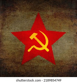 Soviet Union Emblem: Hammer And Sickle In Red Star. USSR Symbol, Grunge Textured