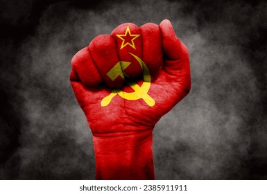 Soviet Union flag combined with fist. Concept map depicting the relationship between Soviet Russia and the United States. Basemap and background concept. double exposure hologram       