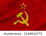 Soviet Union flag on waving silk background. Fabric texture design. Historical flag of USSR.