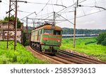 Soviet-built electric locomotive hauling a freight train near Siversk, currently an active war zone in Russo-Ukrainian War in Donetsk region of Ukraine