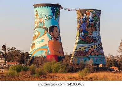 SOWETO, SOUTH AFRICA - SEPTEMBER 01 :Orlando Towers  Painted chimneys at 01, September, 2014 at Soweto, South Africa. Orlando towers are a famous landmark of Soweto, the township of Johannesburg.