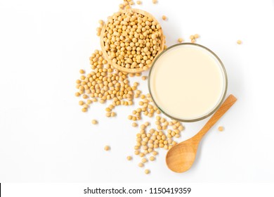 Soy Bean Milk And Soy Beans Top View On White Background.