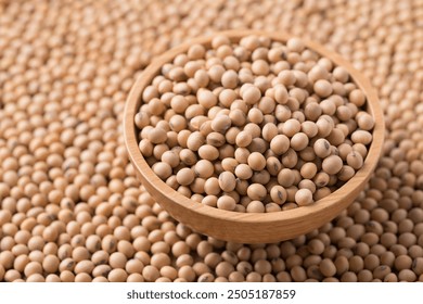 Soy bean seeds in wooden bowl with soy bean background