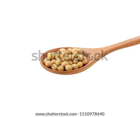 Soy beans in woodenspoon  isolated  on white background