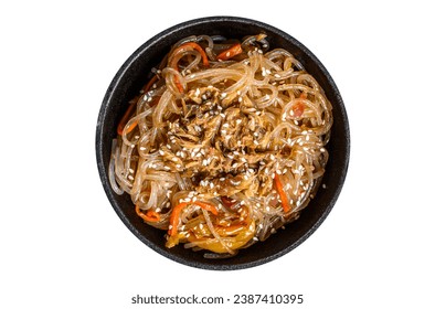 Soy glass noodles with shiitake mushrooms and chicken meat. Isolated, white background. Top view