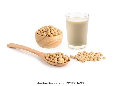 Soy Milk With Soy Beans Isolated On White Background.