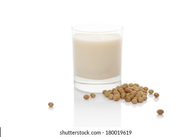 Soy Milk In Glass With Soya Beans Isolated On White. Vegan Milk Concept.