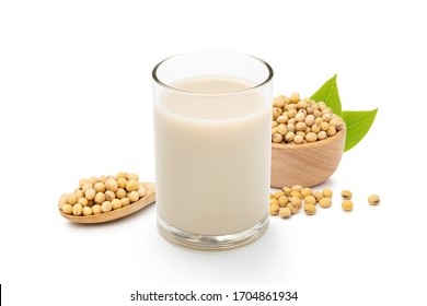 Soy milk With seeds green leaf isolated on white background.