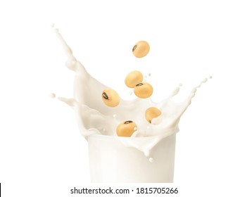 Soy milk splash with soybeans isolated on white background.