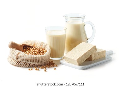 Soy Products: Soy Beans, Soy Milk, Tofu And Soya Chunks Isolated On White Background