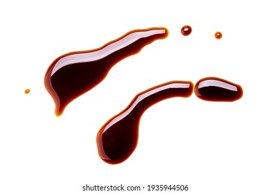 Soy Sauce Drip Isolated On A White Background. Soya Sauce Swirl Cut Out. Above View. Studio Shot.