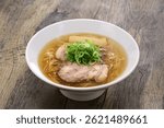 Soy sauce ramen noodles in clear soup, Japanese food