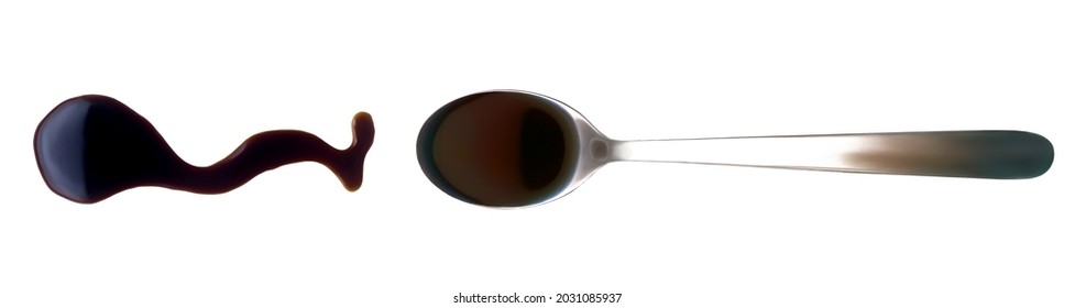 Soy sauce in spoon isolated on a white background. Balsamic vinegar, Teriyaki, Oyster sauce puddles