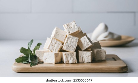 Soy Tofu: Organic raw soy tofu cubes, arranged neatly on a cutting board, with a clean, minimalistic kitchen backdrop. - Powered by Shutterstock