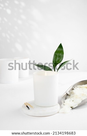 Soy wax candle in a white ceramic jar, and green leaf, plant on a white background. natural eco friendly organic wax candles. Trendy concept. minimalist. isometric projection. copy space.
