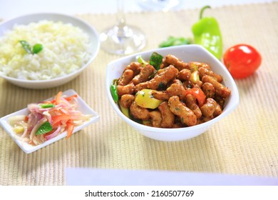 Soya meat served with rice and onion salad. clean eating concept.