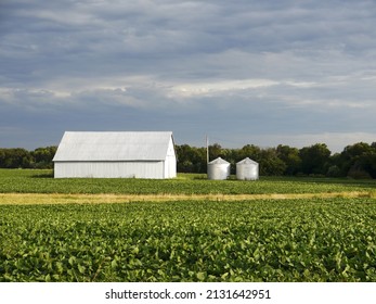 A Soybean Farm In Missouri With An Equipment Shed And Grain Bins